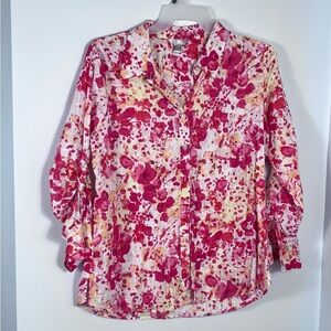 White Stag Floral Pink and Yellow Button Down Top EXC